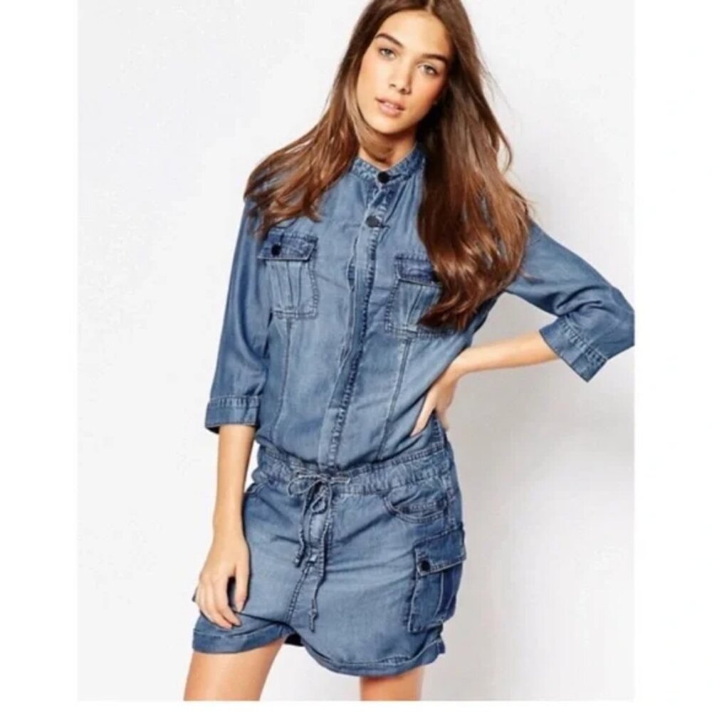 Blank NYC Denim Utility Romper Drawstring Waist and Long Sleeve
